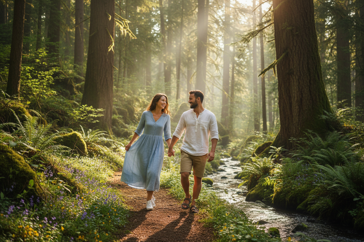 Pareja en la naturaleza mostrando bienestar y vitalidad